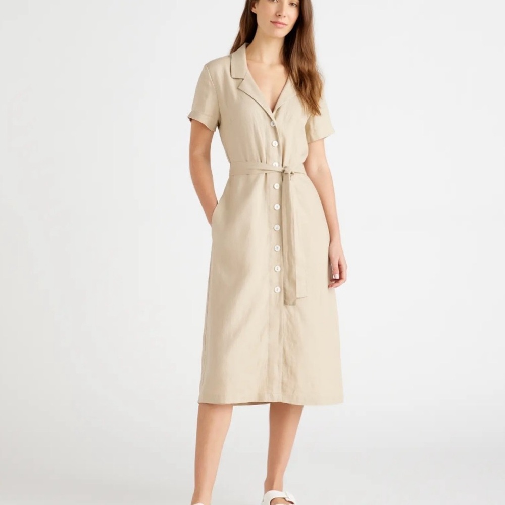Quince 100% Beige European Linen Button Front Dress